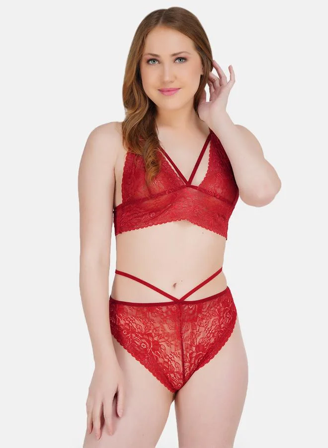 Take Two Women Red Lace Self Design Top and Bikini Set By Hill Islands